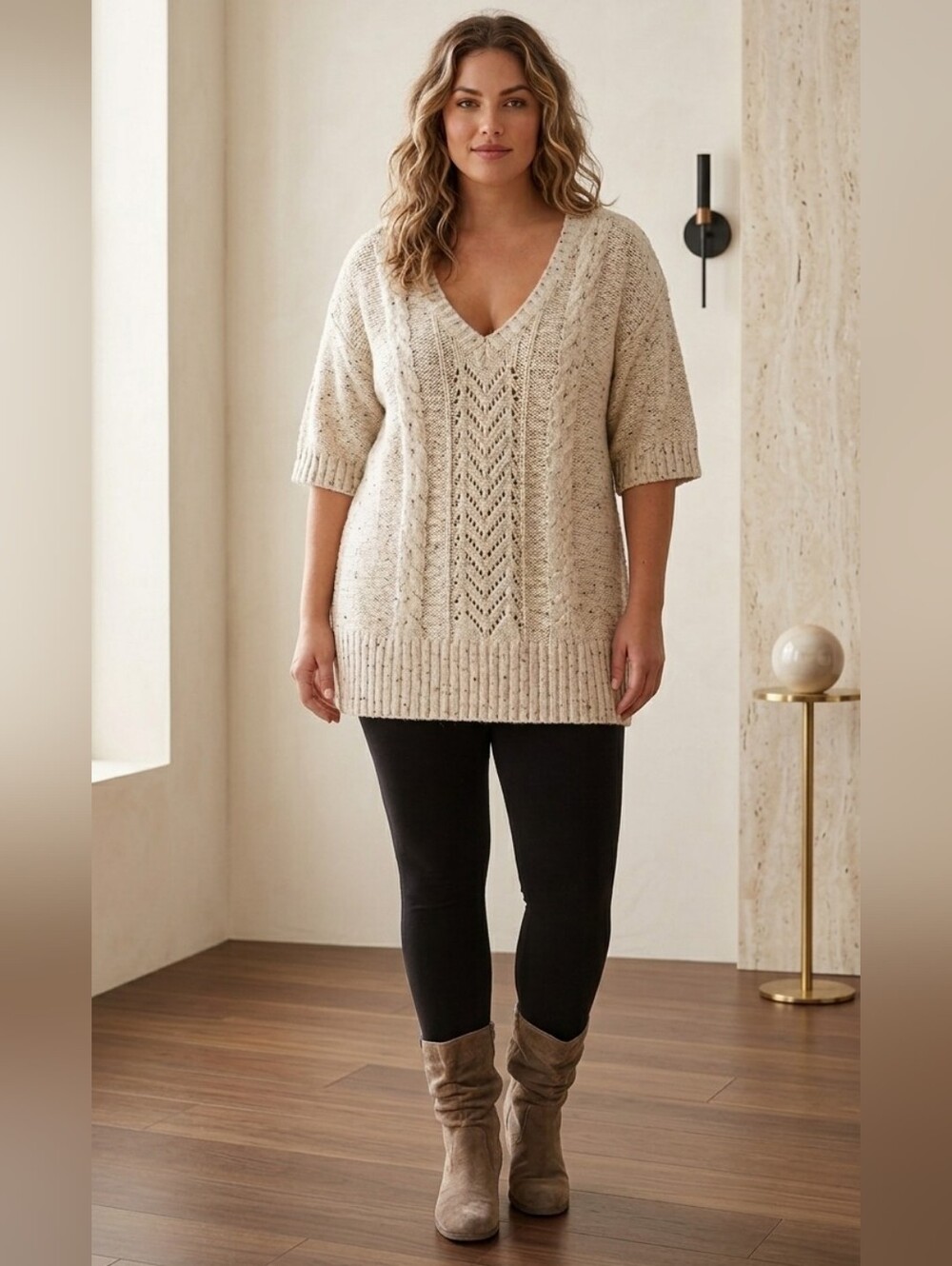Cozy A.N.A Chunky Knit V-Neck Sweater Tunic 1X Angora Wool Blend Oversized Cozy